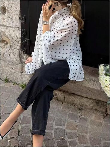Verdusa Women's Polka Dots Bow Chiffon Blouse Mock Neck Lantern Long Sleeve Flowy Tops in Kuwait