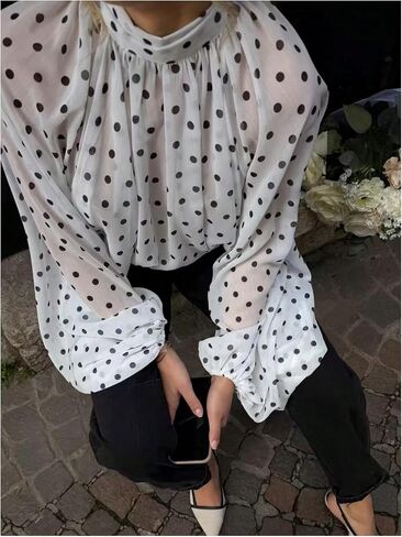 Verdusa Women's Polka Dots Bow Chiffon Blouse Mock Neck Lantern Long Sleeve Flowy Tops in Kuwait