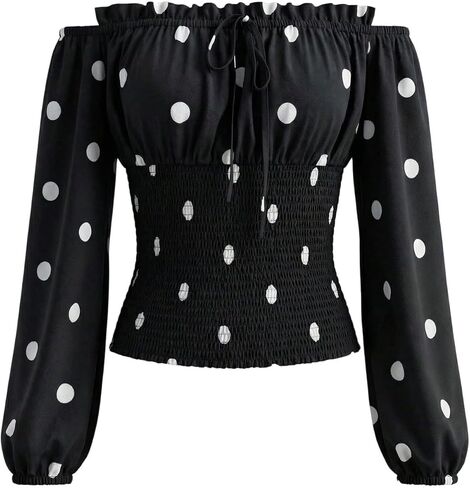 Floerns Women's Polka Dots Off The Shoulder Tops Shirred Cinched Waist Long Sleeve Casual Fall Vacation Tops in Kuwait