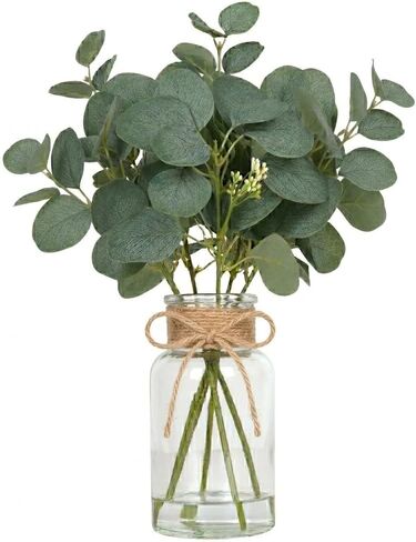 Velener Faux Eucalyptus Stems in Vase with Faux Water, Fake Plants Artificial Eucalyptus Plant for Home Decor, Kitchen Bathroom Farmhouse Living Room Coffee Table Centerpieces for Tables Green-1 Pack in Saudi Arabia