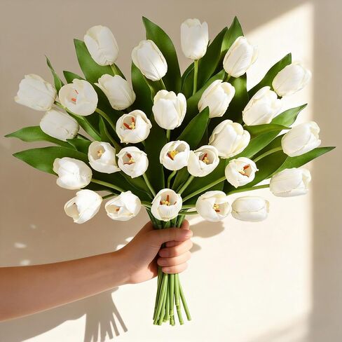 Livole 12 Pcs White Tulips Artificial Flowers Real Touch Tulips Fake Faux Tulip Flower Bouquet for Arrangement Wedding Spring Home Decor Floral Party Centerpiece 14 Inch in Saudi Arabia