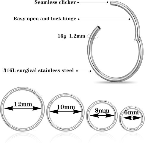 8 Pcs Clicker Earrings, Stainless Steel Cartilage Hoop Earring, 16g Helix Piercing Jewelry Hoop, Inner Diameter 6mm, 8mm, 10mm, 12mm Hoops Nose Ring for Women in Saudi Arabia