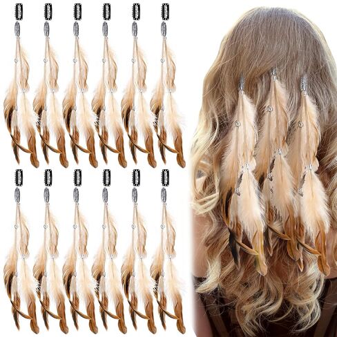 Geyoga 12 Pcs Clip in Hair Feathers with Beads, Boho Feather Hair Clips for Women, Rave Music Festival Accessories for Halloween Costume, Carnival Party (Brown,Black,Dark Coffee,Standard) in Kuwait