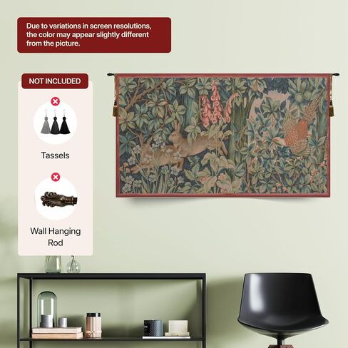 Charlotte Home Furnishings Inc French Boho Tapestry Wall Hanging 20 x 34 in, Hare and Pheasant Aesthetic Woven Wall Art decor for Living Room Home Decor, European Cotton Jacquard Woven in Saudi Arabia