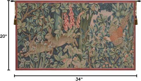 Charlotte Home Furnishings Inc French Boho Tapestry Wall Hanging 20 x 34 in, Hare and Pheasant Aesthetic Woven Wall Art decor for Living Room Home Decor, European Cotton Jacquard Woven in Saudi Arabia