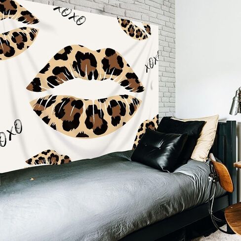 Riyidecor Brown Leopard Lips Tapestry 59Wx51H Inch Girly Girls Cheetah Print Kiss Wild Jungle Safari Skin Fur Fashion Makeup Funky Beauty Wall Hanging Modern Home Dorm Decor Art Living Room Bedroom in Saudi Arabia