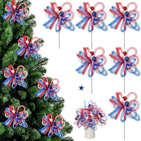 Sosation 6 Pack Red White Blue Patriotic Artificial Flower 4th of July Decoration 10 Inch Mesh Tube Pick and Sprays 250th Stem Branch Ornament for Independence Day Tree Vase Filler Table Centerpiece in Kuwait