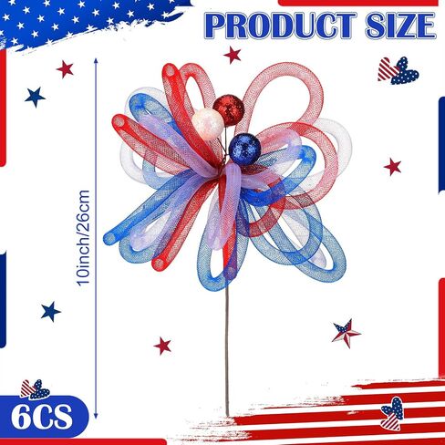 Sosation 6 Pack Red White Blue Patriotic Artificial Flower 4th of July Decoration 10 Inch Mesh Tube Pick and Sprays 250th Stem Branch Ornament for Independence Day Tree Vase Filler Table Centerpiece in Kuwait