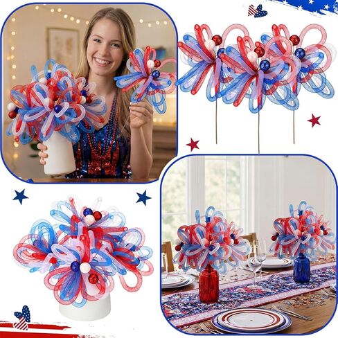 Sosation 6 Pack Red White Blue Patriotic Artificial Flower 4th of July Decoration 10 Inch Mesh Tube Pick and Sprays 250th Stem Branch Ornament for Independence Day Tree Vase Filler Table Centerpiece in Kuwait