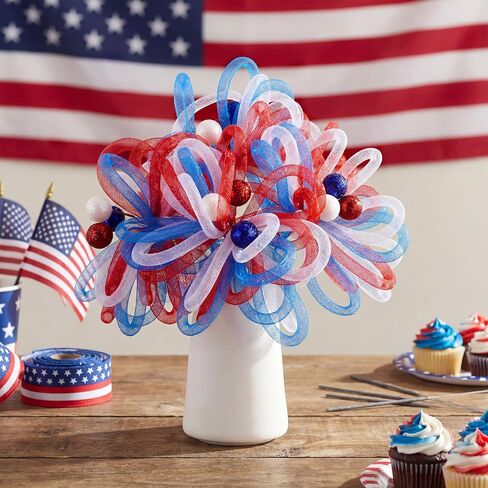 Sosation 6 Pack Red White Blue Patriotic Artificial Flower 4th of July Decoration 10 Inch Mesh Tube Pick and Sprays 250th Stem Branch Ornament for Independence Day Tree Vase Filler Table Centerpiece in Kuwait