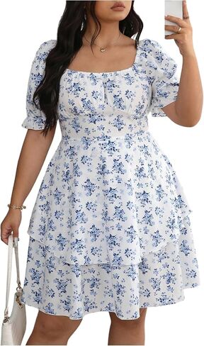 Floerns Women's Plus Size Tea Party Floral Layered Ruffle Dress Square Neck A Line Short Dresses in Kuwait