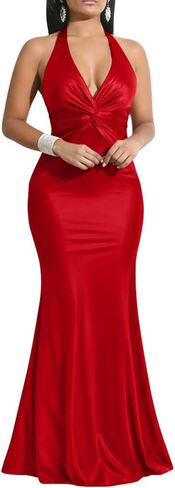 LAGSHIAN Women's Elegant V Neck Sleeveless Maxi Dress Halter Backless Bodycon Cocktail Long Dresses in Saudi Arabia