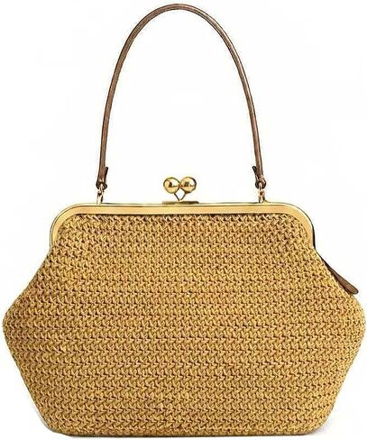Kiss Lock Purses and Handbags Straw Purse Large Kisslock Bag Kiss-Lock Woven Bag Kiss Clasp Shoulder Handbag Summer Vacation in Kuwait