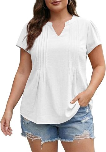 Yesfashion Women's Plus Size Shirt Summer V-Neck Top Flutter Sleeve Pleated Tshirt Very Little Stretch (Order1-2 Size Up) in Saudi Arabia
