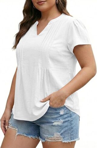 Yesfashion Women's Plus Size Shirt Summer V-Neck Top Flutter Sleeve Pleated Tshirt Very Little Stretch (Order1-2 Size Up) in Saudi Arabia