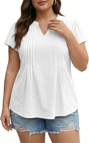 Yesfashion Women's Plus Size Shirt Summer V-Neck Top Flutter Sleeve Pleated Tshirt Very Little Stretch (Order1-2 Size Up) in Saudi Arabia