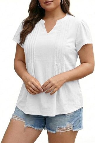Yesfashion Women's Plus Size Shirt Summer V-Neck Top Flutter Sleeve Pleated Tshirt Very Little Stretch (Order1-2 Size Up) in Saudi Arabia