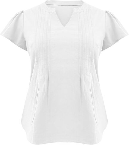 Yesfashion Women's Plus Size Shirt Summer V-Neck Top Flutter Sleeve Pleated Tshirt Very Little Stretch (Order1-2 Size Up) in Saudi Arabia