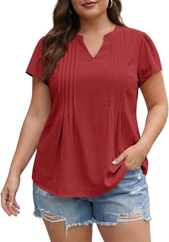 Yesfashion Women's Plus Size Shirt Summer V-Neck Top Flutter Sleeve Pleated Tshirt Very Little Stretch (Order1-2 Size Up) in Saudi Arabia