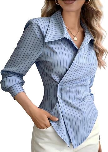 Striped Blouses for Women Dressy Casual Wrap Asymmetrical Tops Long Sleeve Slim Fitted Shirt Business Work Outfits in Kuwait