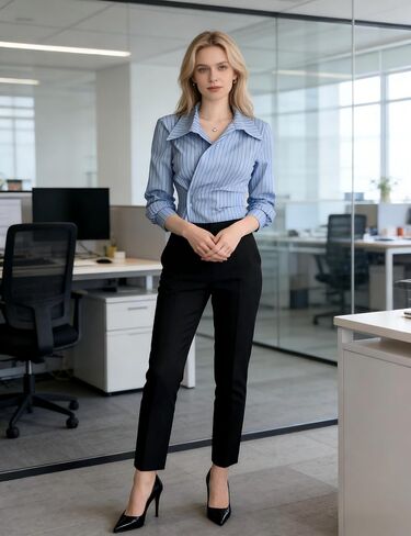 Striped Blouses for Women Dressy Casual Wrap Asymmetrical Tops Long Sleeve Slim Fitted Shirt Business Work Outfits in Kuwait