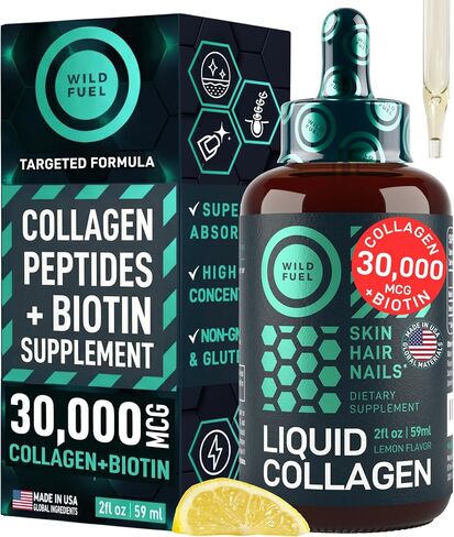 Liquid Collagen Peptides with Biotin - Youthful Skin, Hair Growth, Strong Nails and Bones, Flexible Joints Support Drops - 10,000mcg Collagen Liquid for Women and Men, 5,000mcg Biotin - Lemon - 2x2oz in Kuwait