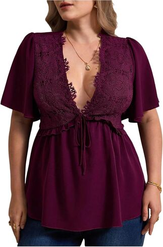 WDIRARA Women's Plus Size Deep V Neck Blouse Tie Front Ruffle Short Sleeve Babydoll Tops in Kuwait