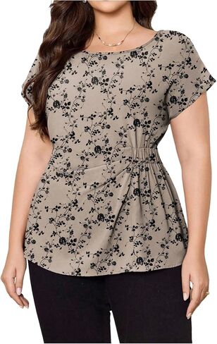 OYOANGLE Women's Plus Size Floral Short Sleeve Blouse Crew Neck Ruched Dressy Casual Summer Tops in Kuwait