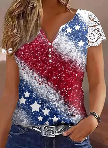 Women‘s Short Sleeve Cut Out Tops Summer V Neck Flag Shirts Holiday Outfits in Kuwait