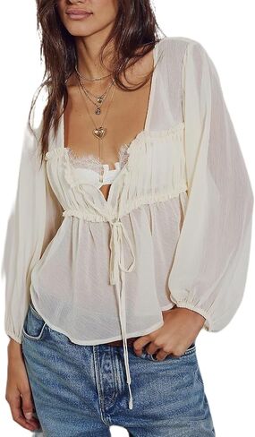 Lace Tie Front Top for Women Y2k Sexy Sheer Chiffon Long Sleeve Bowtie Blouse Flowy Boho Peplum Shirt Fall in Saudi Arabia