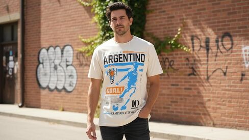 تي شيرت Homestand Futbol Argentino Goal Poster Art للبالغين باللون الأبيض برقبة دائرية وأكمام قصيرة in Kuwait