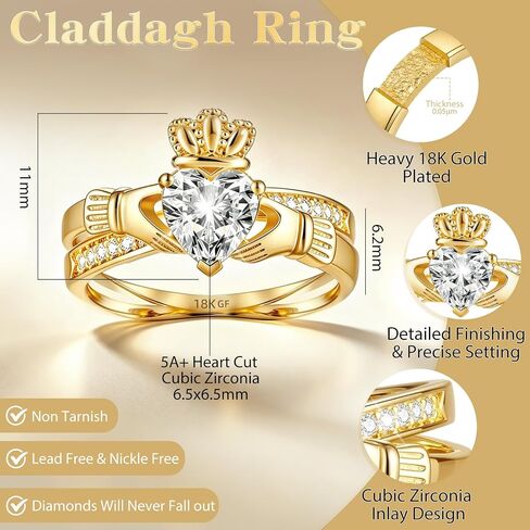 Gold Claddagh Ring for Women, 14K Gold Plated IrishEngagement Wedding Ring - Non Tarnish Promise Ringwith 6.5mm Heart Simulated Diamond Size 5-10 (G1, 10) in Saudi Arabia