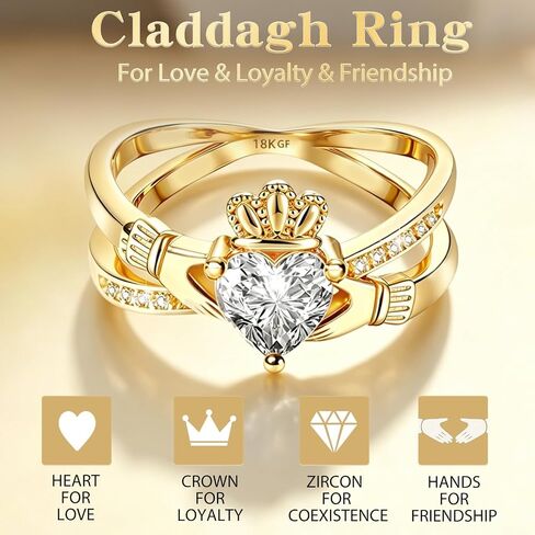 Gold Claddagh Ring for Women, 14K Gold Plated IrishEngagement Wedding Ring - Non Tarnish Promise Ringwith 6.5mm Heart Simulated Diamond Size 5-10 (G1, 10) in Saudi Arabia