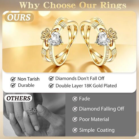 Gold Claddagh Ring for Women, 14K Gold Plated IrishEngagement Wedding Ring - Non Tarnish Promise Ringwith 6.5mm Heart Simulated Diamond Size 5-10 (G1, 10) in Saudi Arabia