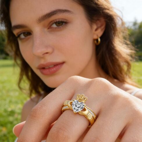 Gold Claddagh Ring for Women, 14K Gold Plated IrishEngagement Wedding Ring - Non Tarnish Promise Ringwith 6.5mm Heart Simulated Diamond Size 5-10 (G1, 10) in Saudi Arabia
