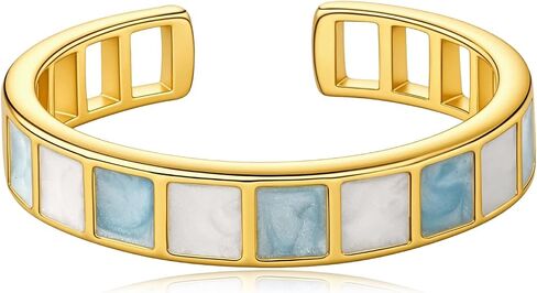 14k Gold Plated Blue White Enamel Square Geometry Open Checkered Band Ring for Women, Adjustable Y2k Ring Jewelry in Saudi Arabia