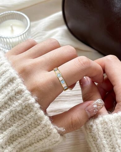 14k Gold Plated Blue White Enamel Square Geometry Open Checkered Band Ring for Women, Adjustable Y2k Ring Jewelry in Saudi Arabia