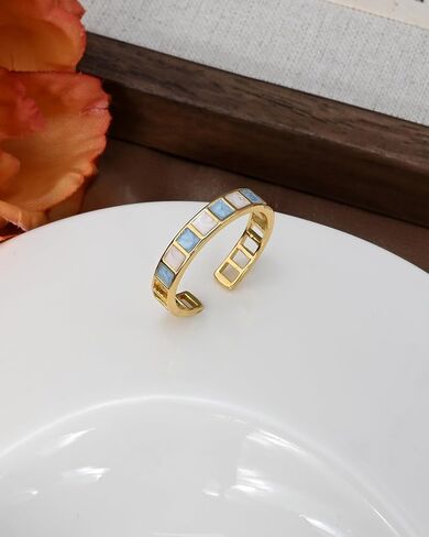 14k Gold Plated Blue White Enamel Square Geometry Open Checkered Band Ring for Women, Adjustable Y2k Ring Jewelry in Saudi Arabia