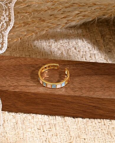 14k Gold Plated Blue White Enamel Square Geometry Open Checkered Band Ring for Women, Adjustable Y2k Ring Jewelry in Saudi Arabia