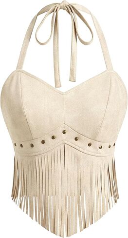 Women's Western Cowgirl Fringe Top Sexy V Neck Backless Faux Suede Boho Halter Top Country Concert Outfits in Saudi Arabia