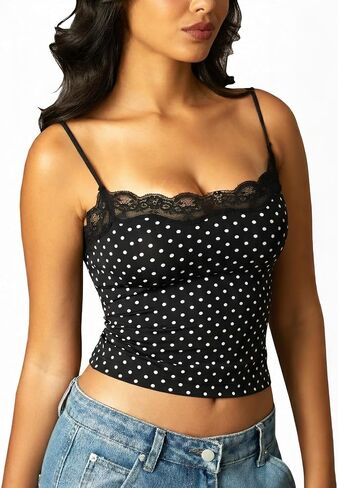 Navneet Women Sexy Lace Trim Spaghetti Strap Camisole Tank Top Y2K Going Out Crop Cami Top Date Night Rave Tops in Saudi Arabia