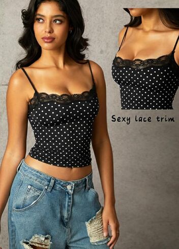 Navneet Women Sexy Lace Trim Spaghetti Strap Camisole Tank Top Y2K Going Out Crop Cami Top Date Night Rave Tops in Saudi Arabia