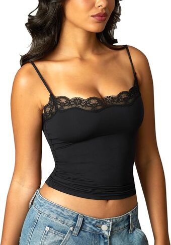 Navneet Women Sexy Lace Trim Spaghetti Strap Camisole Tank Top Y2K Going Out Crop Cami Top Date Night Rave Tops in Saudi Arabia