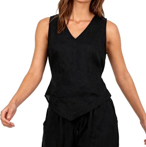 Amazhiyu Women's 100% Linen Sleeveless V Neck Tank Tops Summer Tie Back Blouse in Kuwait