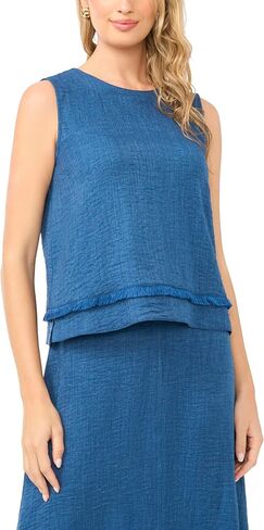 Faux Denim Crepe Sleeveless Crew Neck TOP in Saudi Arabia
