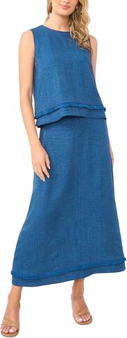 Faux Denim Crepe Sleeveless Crew Neck TOP in Kuwait