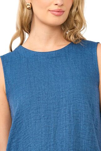 Faux Denim Crepe Sleeveless Crew Neck TOP in Kuwait