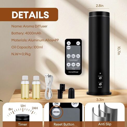 Waterless Scent Diffuser Starter Kit: 100ml Cordless Rechargeable APP Smart Remote Control - Aroma Aromatherapy Diffuser Suitable for Home Hotel 1000 Sq Ft. Coverage 2 Essential Oils in Kuwait