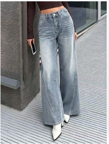 Women's Medium Blue Wide Leg Jeans, High Waisted Baggy Denim Pants, Retro Faded Flare Jeans in Kuwait