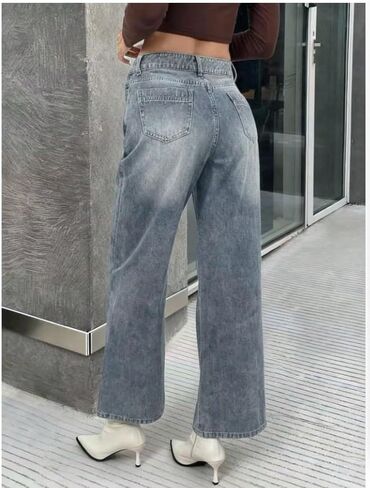 Women's Medium Blue Wide Leg Jeans, High Waisted Baggy Denim Pants, Retro Faded Flare Jeans in Kuwait